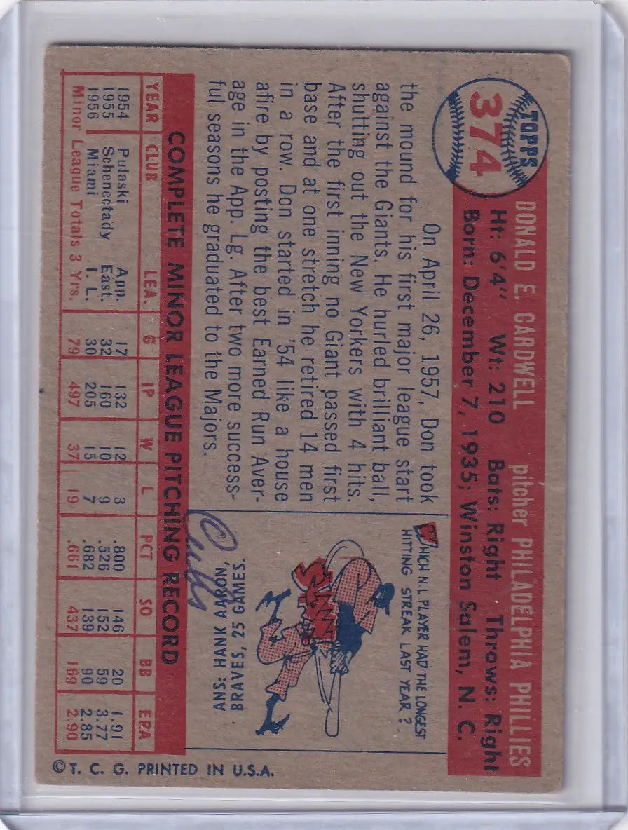 1957 Topps Baseball Don Cardwell Philadelphia Phillies rookie card alt image