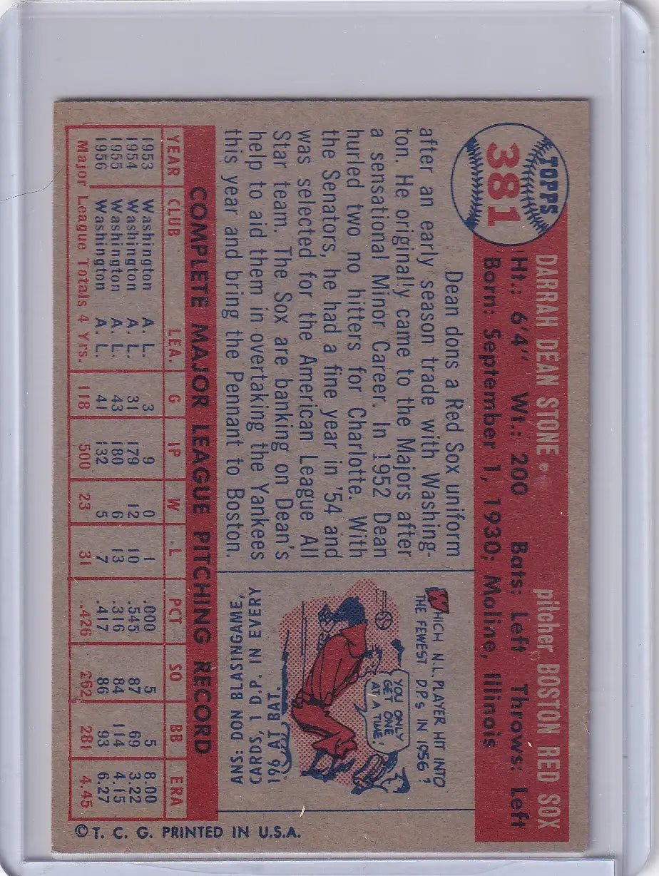 Vintage Boston Red Sox Topps Baseball card featuring Dean Stone from 1957