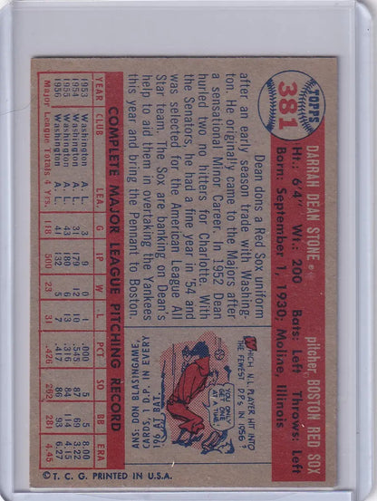 Vintage Boston Red Sox Topps Baseball card featuring Dean Stone from 1957