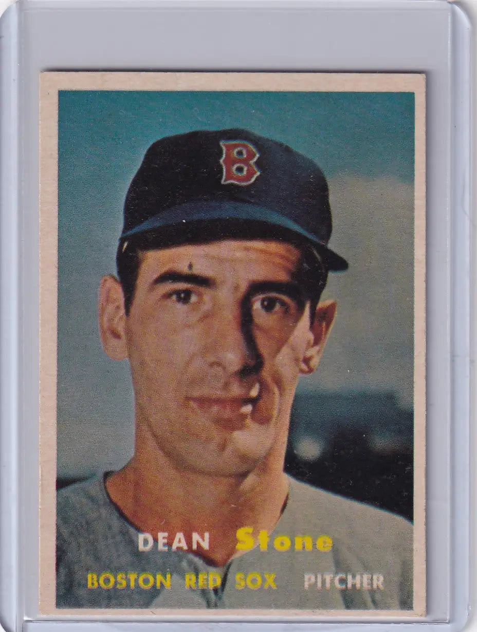 Vintage 1957 Topps Baseball card of Dean Stone Boston Red Sox pitcher