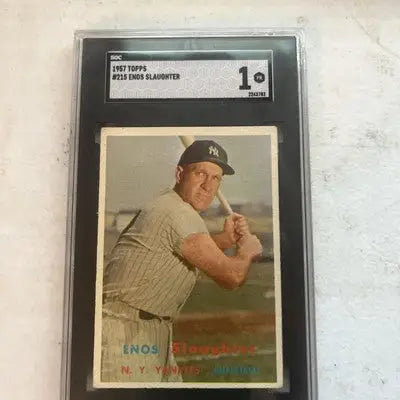 Graded Enos Slaughter baseball trading card from 1957 Topps series at number 215