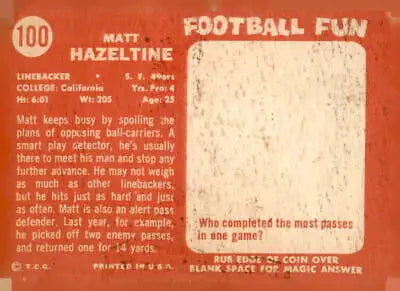 Vintage 1958 Topps Matt Hazeltine San Francisco 49ers trading card in EX-NM condition