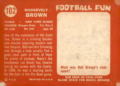 Vintage Roosevelt Brown trading card from 1958 Topps #102 in EX-NM condition