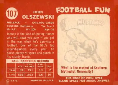 Vintage sports trading card featuring John Olszewski from 1958 Topps #107