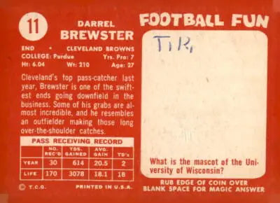 Sports trading card of Pete Brewster from 1958 Topps #11 featuring Darrel Brewster