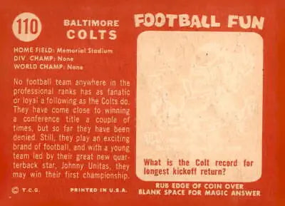 Vintage Baltimore Colts football trading card from 1958 Topps #110, iconic team memorabilia