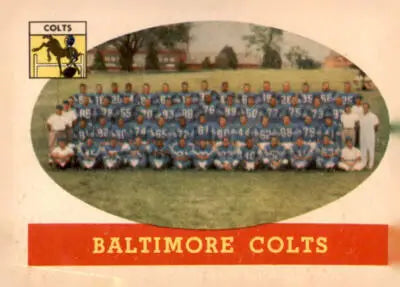 Vintage Baltimore Colts team photo on 1958 Topps #110 trading card, iconic team memorabilia