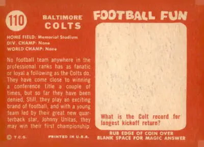 Vintage Baltimore Colts football trading card from 1958 Topps #110 showcasing iconic team