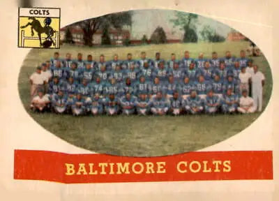 Vintage Baltimore Colts team photo from 1958 Topps #110 trading card featuring iconic team