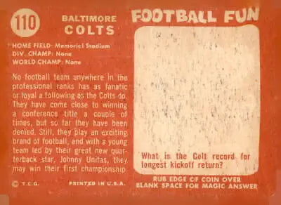 Vintage trading card featuring an iconic Baltimore Colts player from 1958 Topps #110
