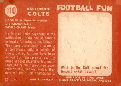 Vintage Baltimore Colts trading card from the 1958 Topps #110 set