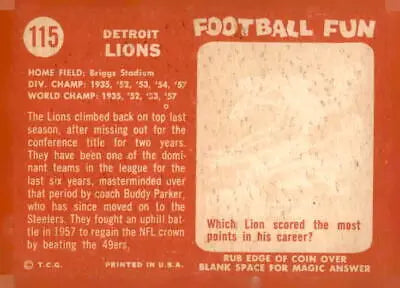Vintage Detroit Lions trading card from the 1958 Topps #115 collection in EX-MT condition