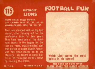 Vintage Detroit Lions trading card back from 1958 Topps Lions football card collection
