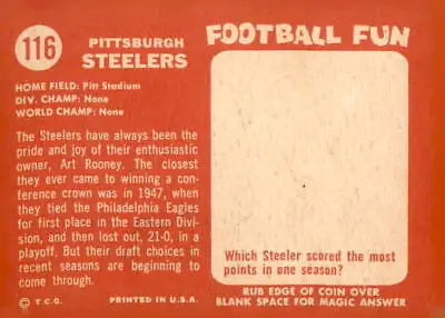 Vintage football card back of 1958 Topps #116 Pittsburgh Steelers sports trading card