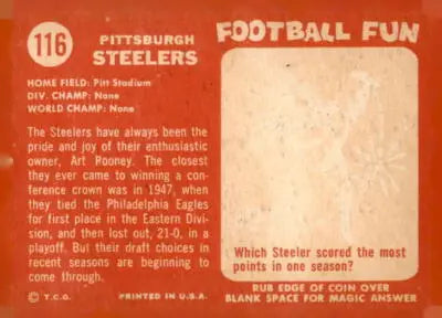 Vintage trading card back from the 1958 Topps Pittsburgh Steelers sports trading card
