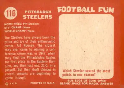Vintage football card back showcasing 1958 Topps Pittsburgh Steelers trading card design