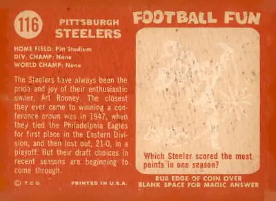 Vintage football card featuring Pittsburgh Steelers trading card from 1958 Topps 116