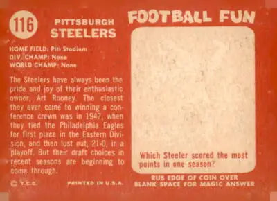 Vintage football card back featuring Pittsburgh Steelers trading card from 1958 Topps #116