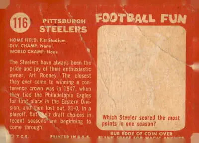 Vintage Pittsburgh Steelers trading card from 1958 Topps #116 for sports trading enthusiasts