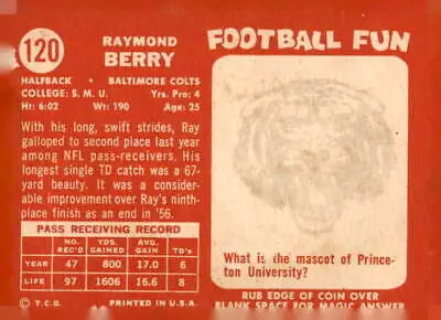 Vintage Raymond Berry trading card from 1958 Topps #120, EX-MT condition
