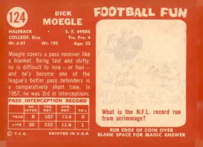 Vintage 1958 Topps trading card of Dick Moegle from the San Francisco 49ers