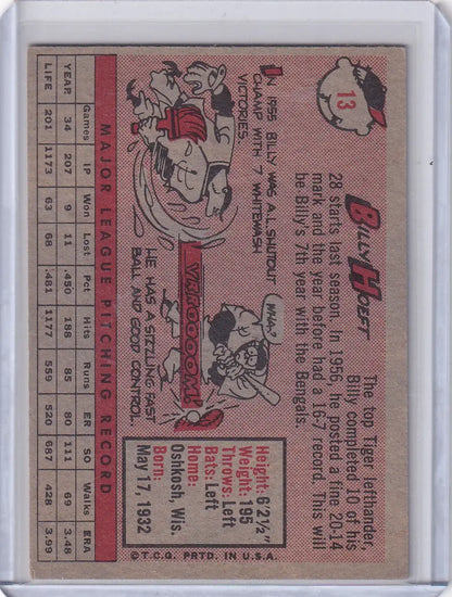 Baseball card featuring Billy Hoeft of the Detroit Tigers with cartoon illustration and stats