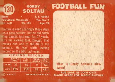 Vintage football trading card of Gordon Soltau from the 1958 Topps San Francisco 49ers