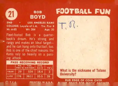 Vintage football card of Bob Boyd playing for the Los Angeles Rams from 1958