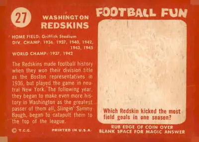 Vintage Washington Redskins card from 1958 Topps #27 showcasing great cards collection