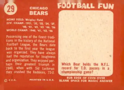 Vintage Chicago Bears trading card featuring 1958 Topps #29 in EX-NM condition