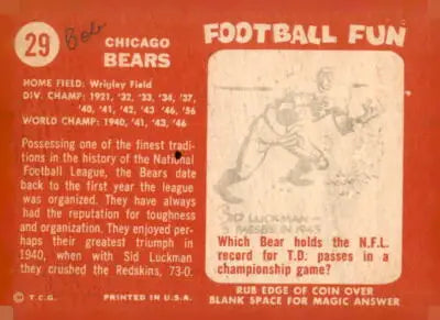 Vintage Chicago Bears trading card from the 1958 Topps series, #29 collectible