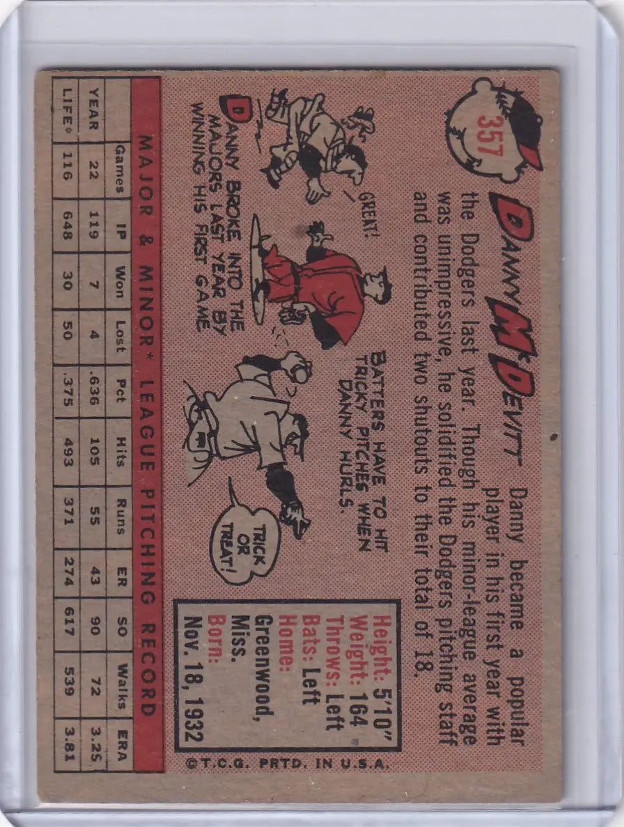 Vintage 1958 Topps Danny McDevitt Los Angeles Dodgers rookie baseball card