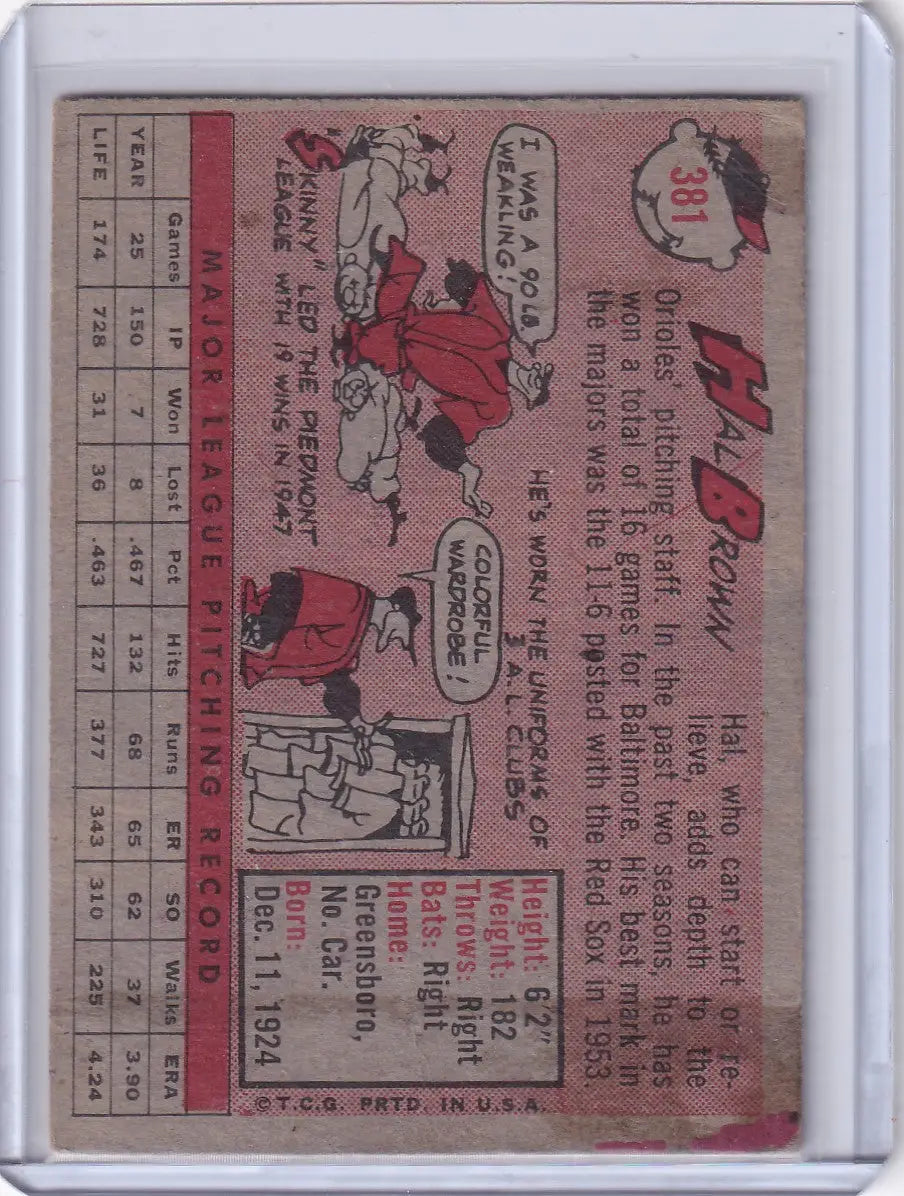 Vintage 1958 Topps #381 Hal Brown Trading Card featuring Baltimore Orioles design