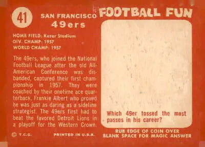 Vintage 1958 Topps San Francisco 49ers football card featuring San Francisco NFL team