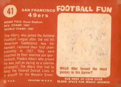 Vintage football card of 1958 Topps #41 San Francisco 49ers in excellent condition