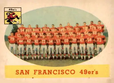 Vintage San Francisco 49ers team photo from 1958 Topps #41 featuring players in classic uniforms