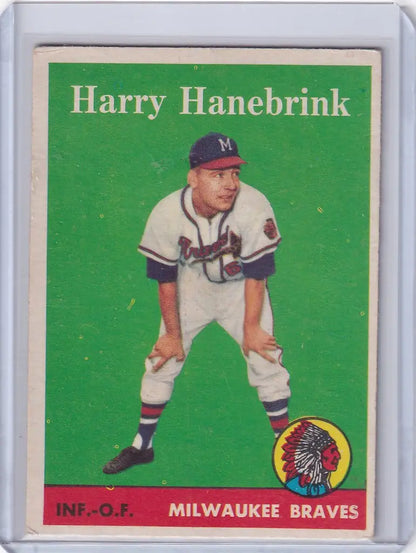 Vintage baseball card of Harry Hanebrink in pitching stance for Milwaukee Braves