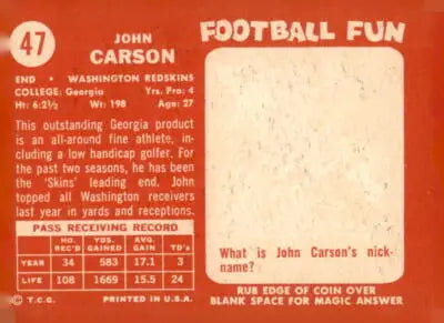 Vintage 1958 Topps John Carson trading card in excellent condition
