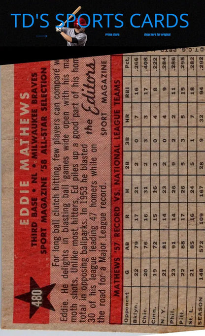 Vintage 1958 Topps Eddie Mathews baseball card featuring Eddie Mathews Milwaukee Braves