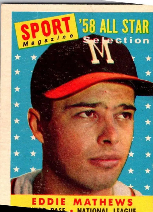 Vintage 1958 Topps Eddie Mathews baseball card featuring Milwaukee Braves memorabilia