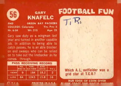 1958 Topps Gary Knafelc trading card featuring Green Bay Packers player
