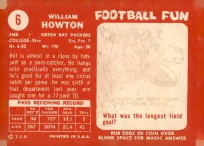 Vintage 1958 Topps Billy Howton trading card from the Billy Howton trading collection