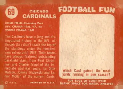 Vintage football card back of 1958 Topps #69 Chicago Cardinals trading card