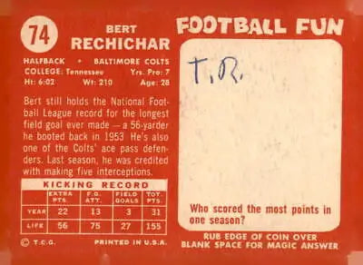 Vintage football card of Bert Rechichar from the Baltimore Colts 1958 Topps series