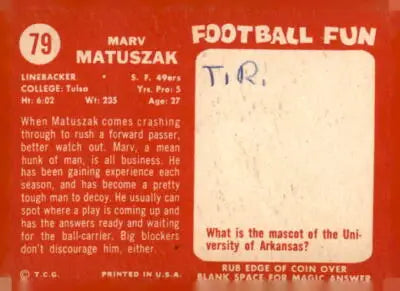 Vintage football card of Marv Matuszak from the San Francisco 49ers 1958 Topps series