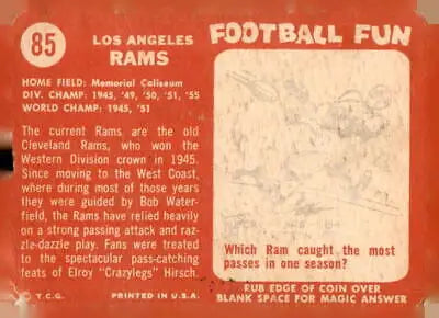 Vintage Los Angeles Rams football card from 1958 Topps #85 featuring los angeles rams