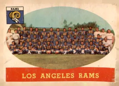 Vintage Los Angeles Rams team photo from 1958 Topps #85 showing los angeles rams memorabilia