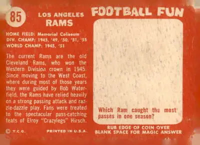 Vintage football trading card back of 1958 Topps #85 Los Angeles Rams