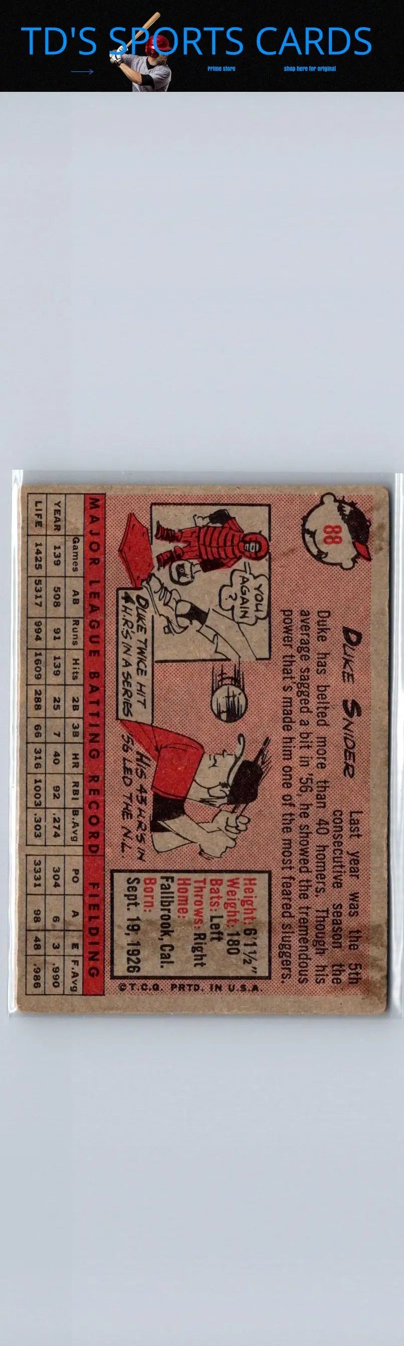 Vintage baseball card featuring Duke Snider from the 1958 Topps trading cards series