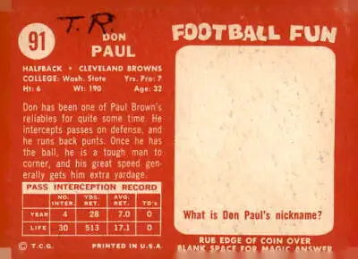 Vintage sports trading card featuring Don Paul from the 1958 Topps #91 set